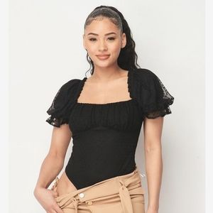 Black Swiss Dot Puff Sleeve Bodysuit | Chic Sheer Sleeve Top | Size M